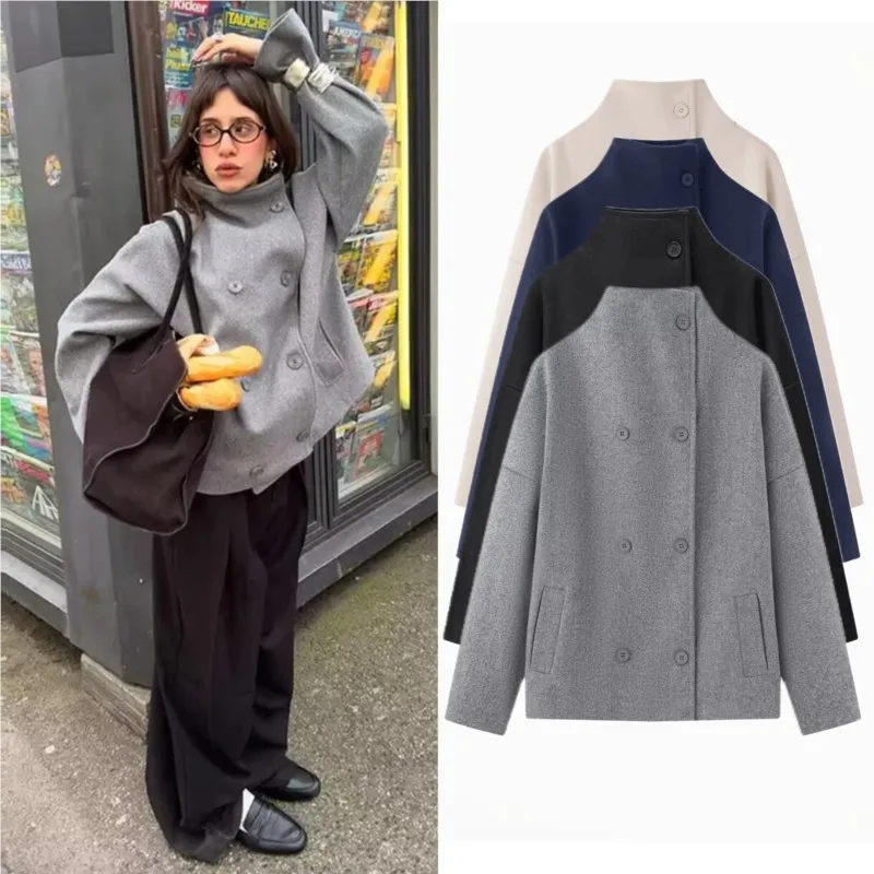 

Women's High Neck Double Button Top Dropped Shoulder Loose Autumn Winter Elegant Short Jacket Female Casual Chic Outerwear