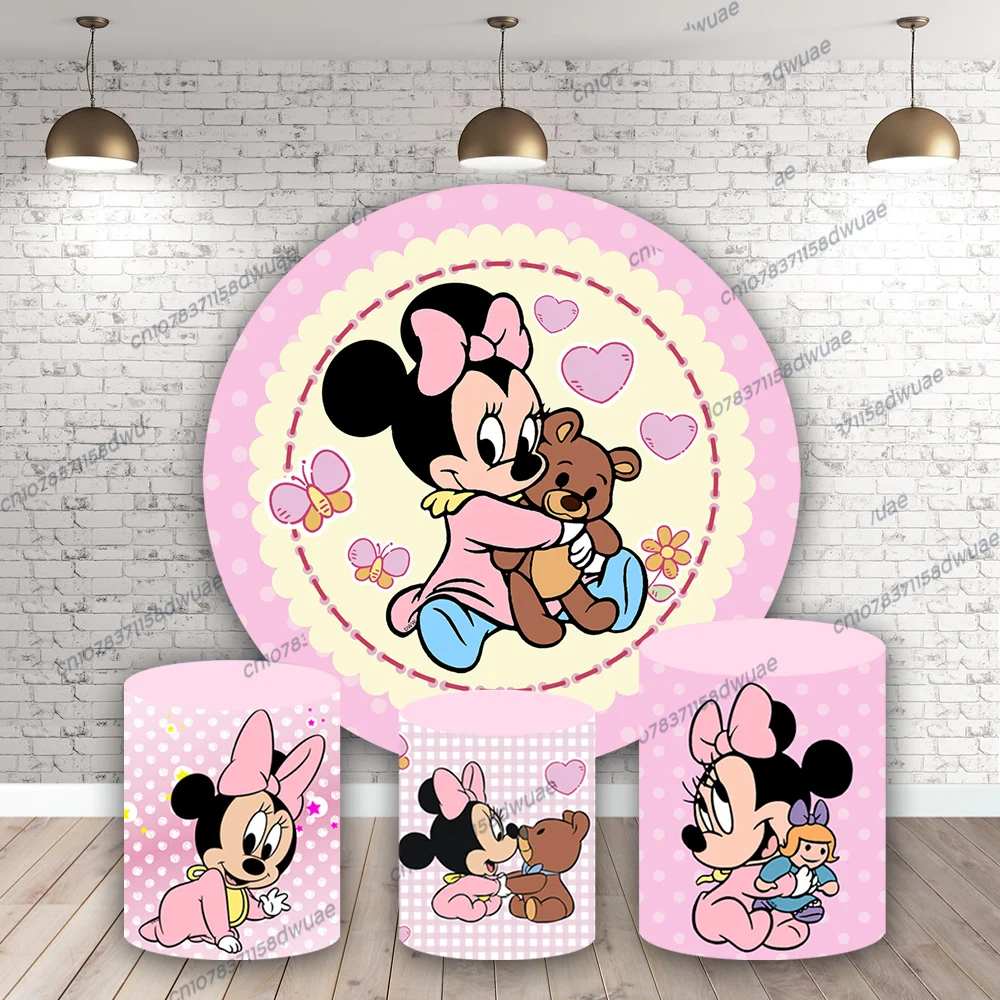 

Minnie and Mickey Birthday Party Photo Backdrop Round&Cylinder Cover Photo Background Baby Shower Photography Backdrop