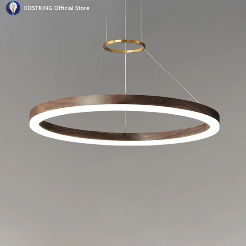 Modern Simple LED Wood Pendant Lamps Bedroom Living Room Round Copper Chandelier Stepless Dimming Dining Room Ring Hanging Light