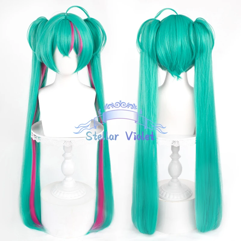 vocaloid-ミクウィッグプロジェクト世界コスプレウィッグコスプレ衣装-100-センチメートルロングライトグリーンレッドダブルポニーテール合成かつらパーティー