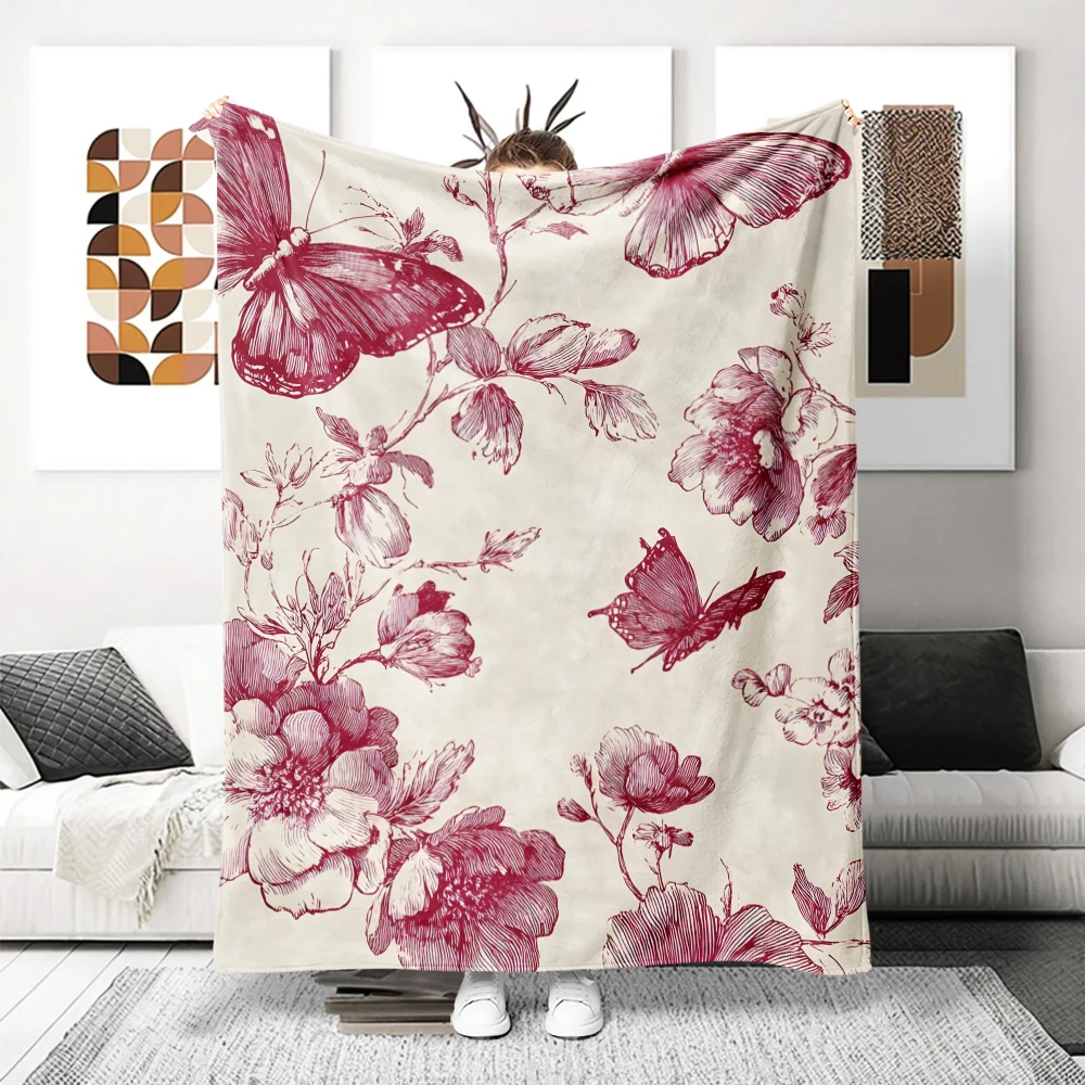 Burgundy Floral Butterflies Flannel Blanket Soft Cozy Throw Blanket for Bed Sofa Couch Fuzzy Plush Bed Cover