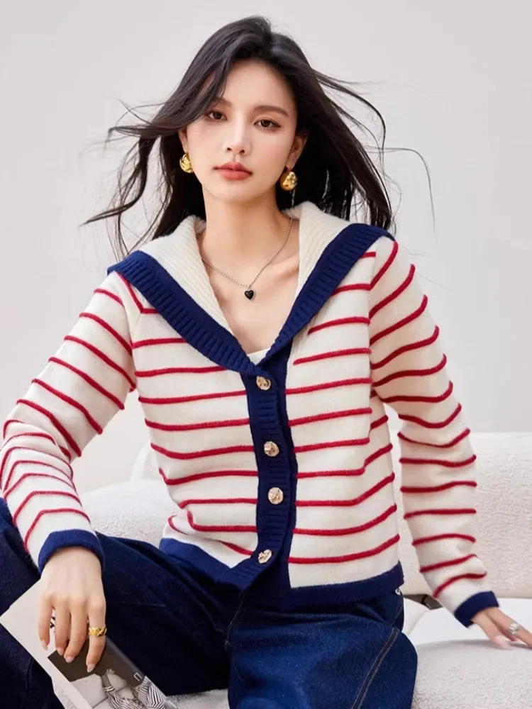 2024 New Sailor Collar Single-breasted Knitted Cardigan Women Lapel Striped Sweater Autumn Fashion Casual Coat Sweet Korean Tops