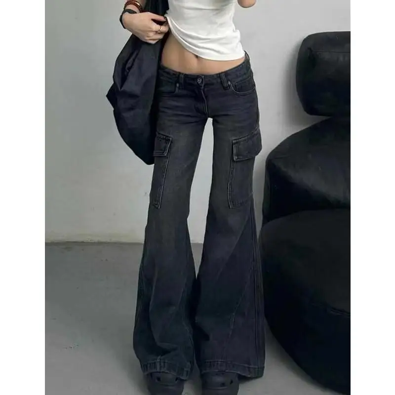Retro Black Wide Leg Jeans Women High Waist Baggy Denim Trousers with Multi-Pockets for Winter