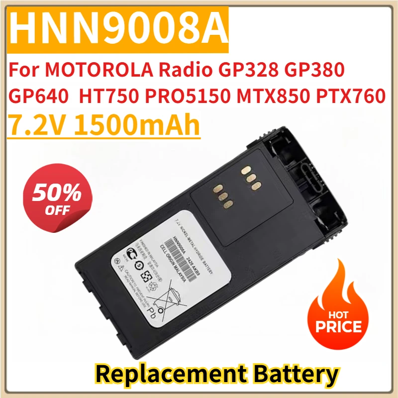 

New Replacement Battery 7.2V 1500mAh HNN9008A for MOTOROLA Radio GP328 GP338 GP340 GP380 GP640 GP680 HT750 PRO5150 MTX850 PTX760