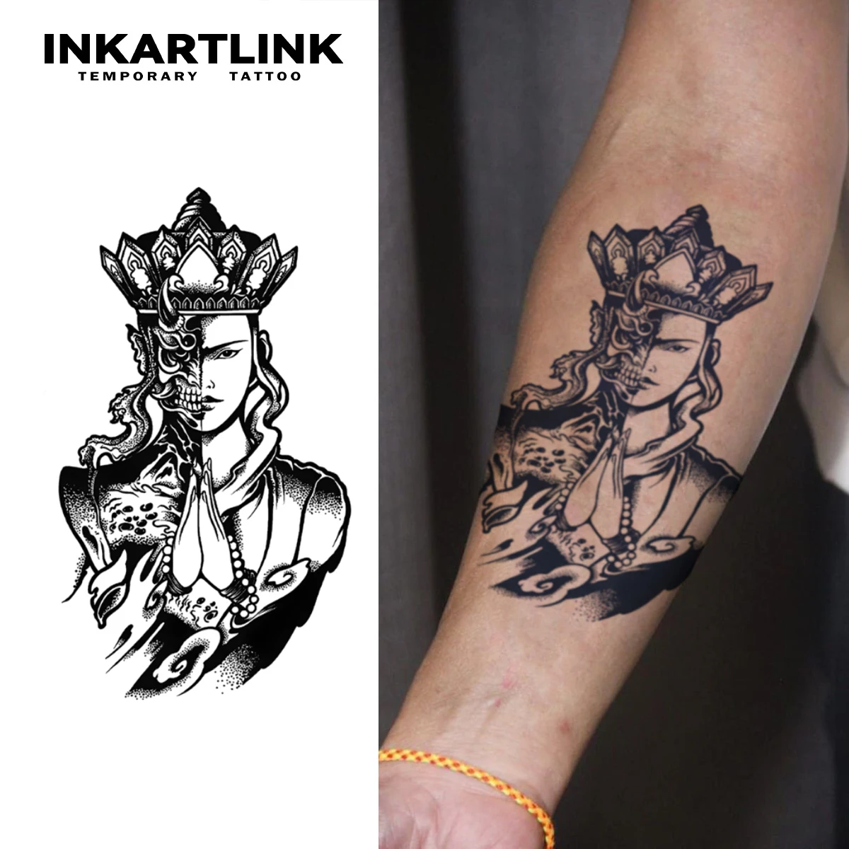 

INKARTLINK Double Crown Tattoo Patch for 1-2 Weeks, Durable Skeleton Face Conflict Aesthetics, Waterproof, Temporary Tattoo