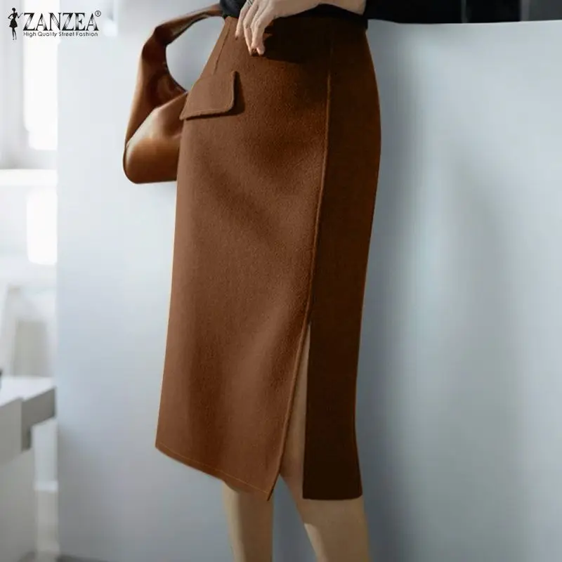 

Элегантная юбка-карандаш ZANZEA 2026 для женщин, однотонная, с высокой талией, с разрезом, миди, модная, повседневная, для вечеринок, уличная одежда
