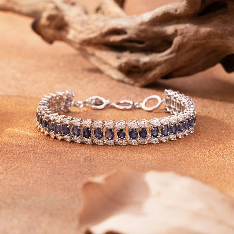 Natural Sapphire Bracelet S925 Sterling Silver, Genuine Blue Gemstone Jewelry for Women
