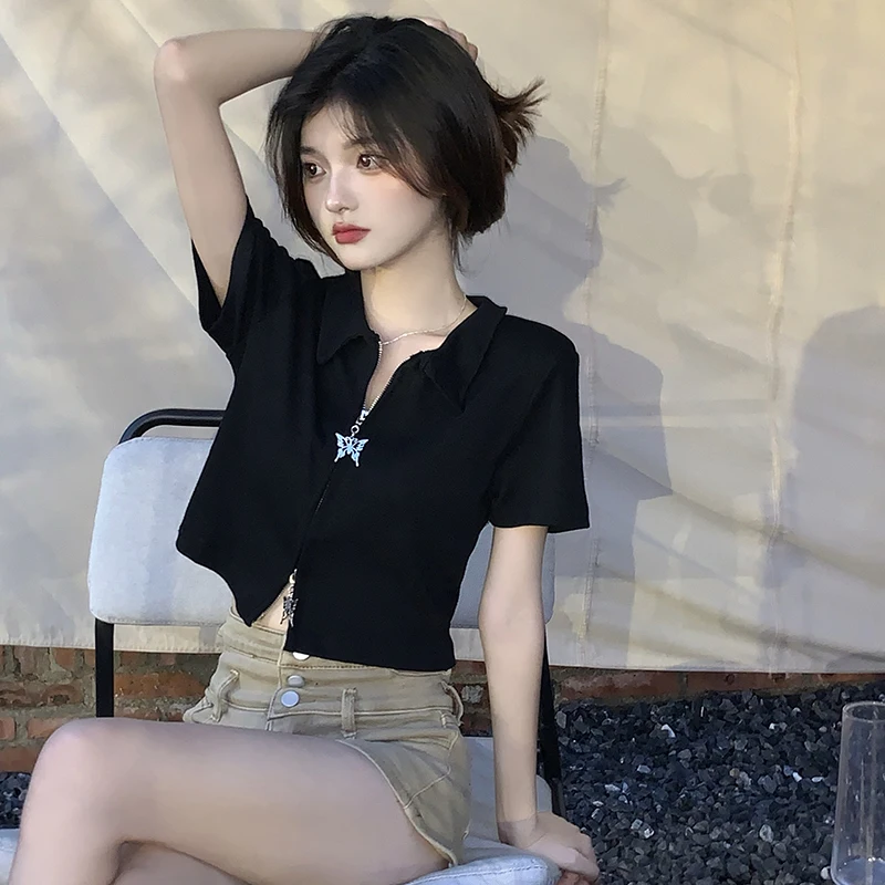 

plus Size Bla Zipper Ne Long Sve Women's T-irt ort Sle Korean Version Summer Autumn Faionable Top