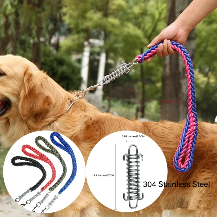 Short Explosion-proof Dog Leash Shock Absorb Spring Stainless Steel Nylon Braided Lead Pet Rope for Large Dogs Walking Training