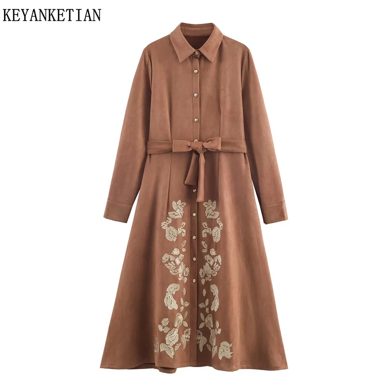 KEYANKETIAN Lente nieuwe dameskleding temperament, taille cinching, enkele rij knopen geborduurde shirt stijl jurk, lange rok