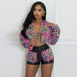 Women's Set PU patchwork Fleece Thicken Bubble Long Sleeve Jackets+ Shorts Suits Warm Sweatsuit Two 2 Piece Set Outfit