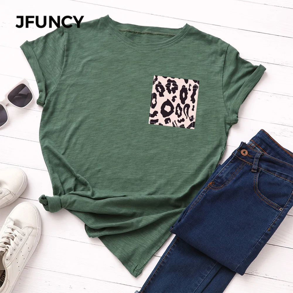 

JFUNCY 5XL Women Summer T-shirt Leopard Fake Pocket Print Tees Short Sleeve Woman Tshirt 100%cotton Female Tops