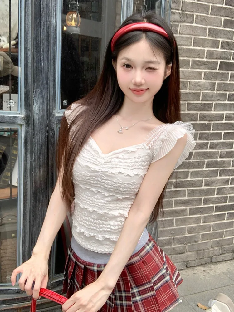 

Lace Splice White Miniature T-Shirt Women's Summer Design Slim Fit Waist Cinch Sweet Style Slimming Short Top Korean Style Co...