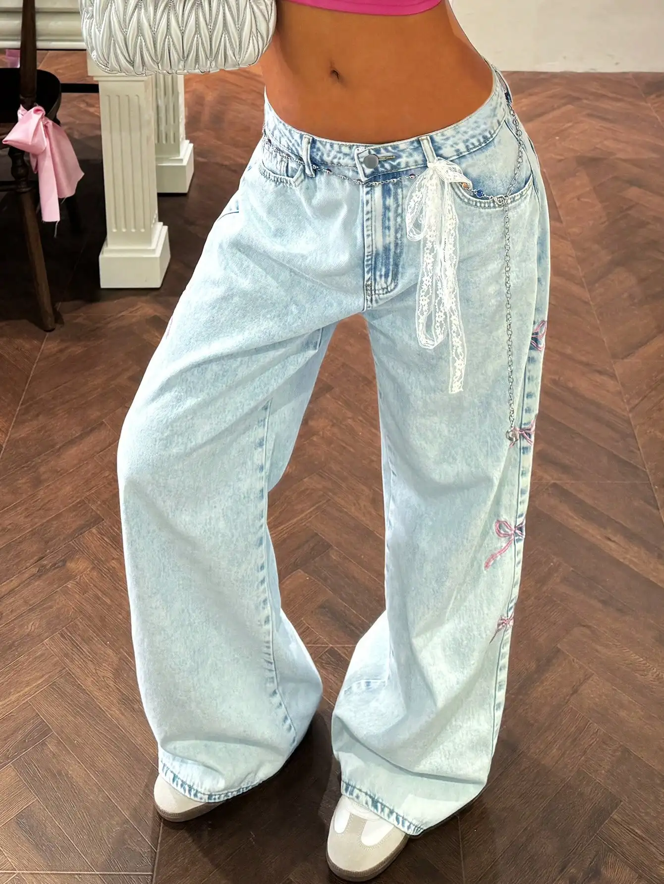 Women's High  Waisted Wide  Leg Jeans 2025 Trendy Bow  Embroidered Button Front Non  Ripped Denim Fabric Full  Length Pants