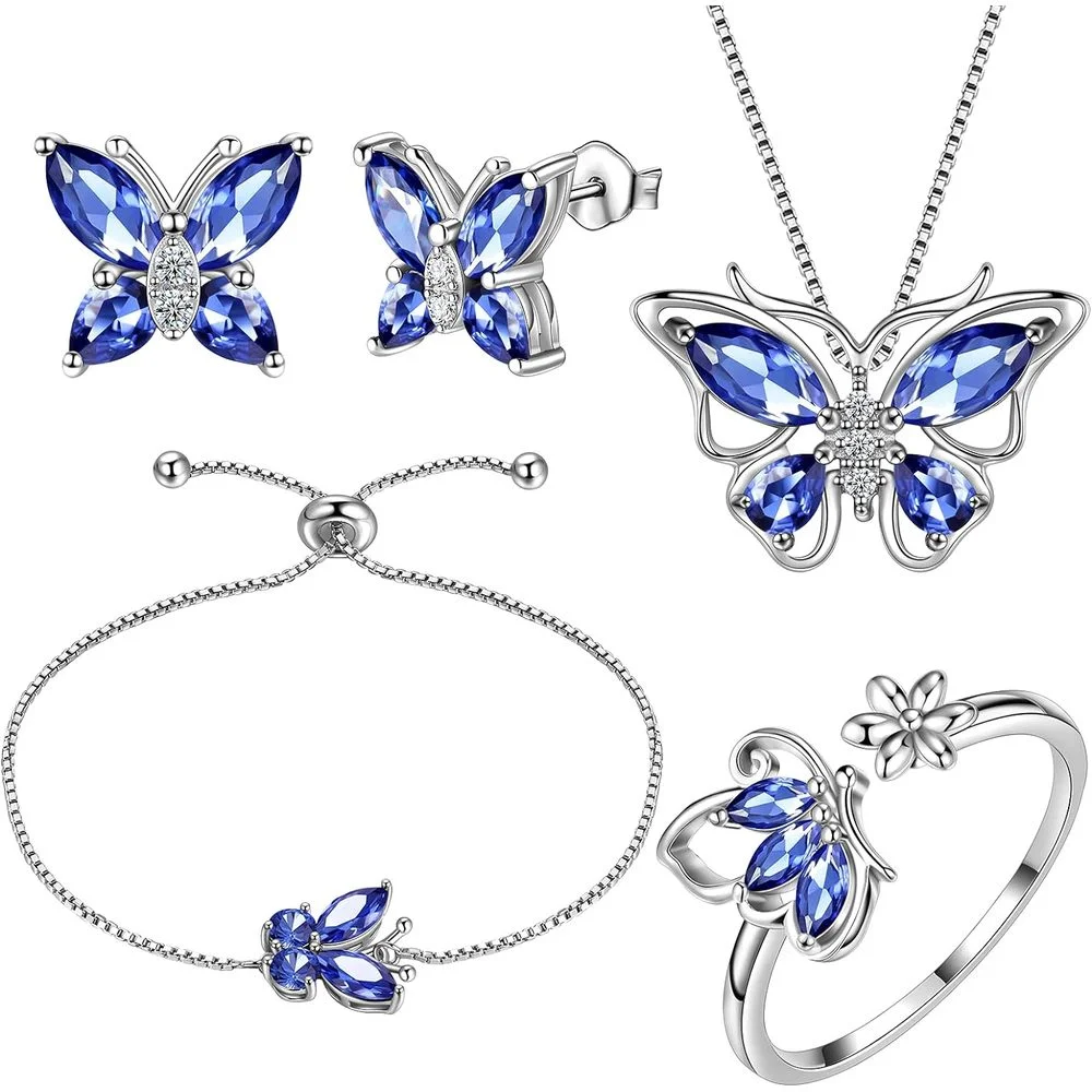 5pcs Butterfly Jewelry Set For Women Butterflies Birthstone Pendant Necklace/Earrings/Rings/Bracelet Wedding Gift