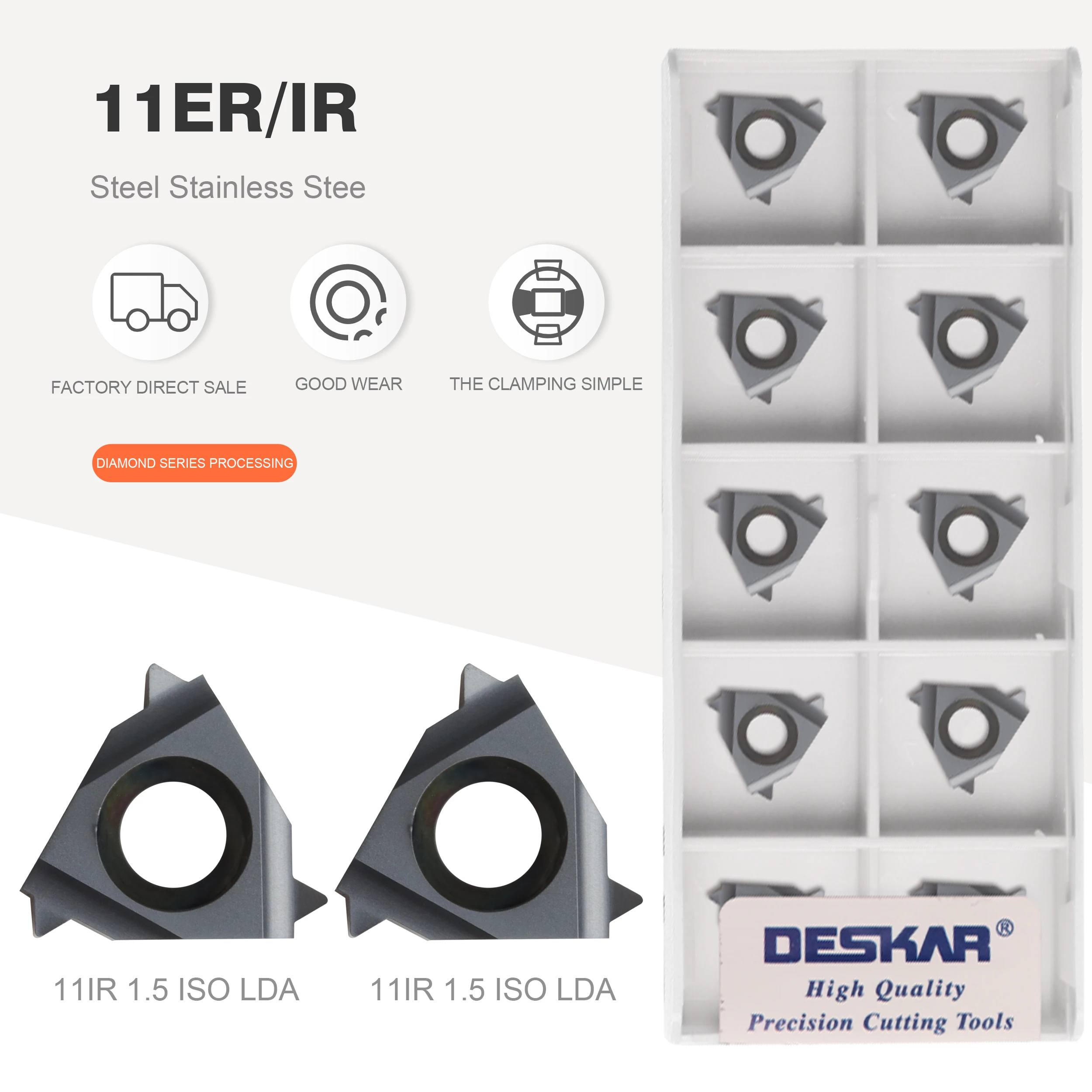 

DESKAR 11ER / 11IR 0.5 ISO LDA 0.75 / 1.0 / 1.25 / 1.5 / 1.75 / 2. / 2.5 / 3.0 CNC lathe thread turning tool carbide insert