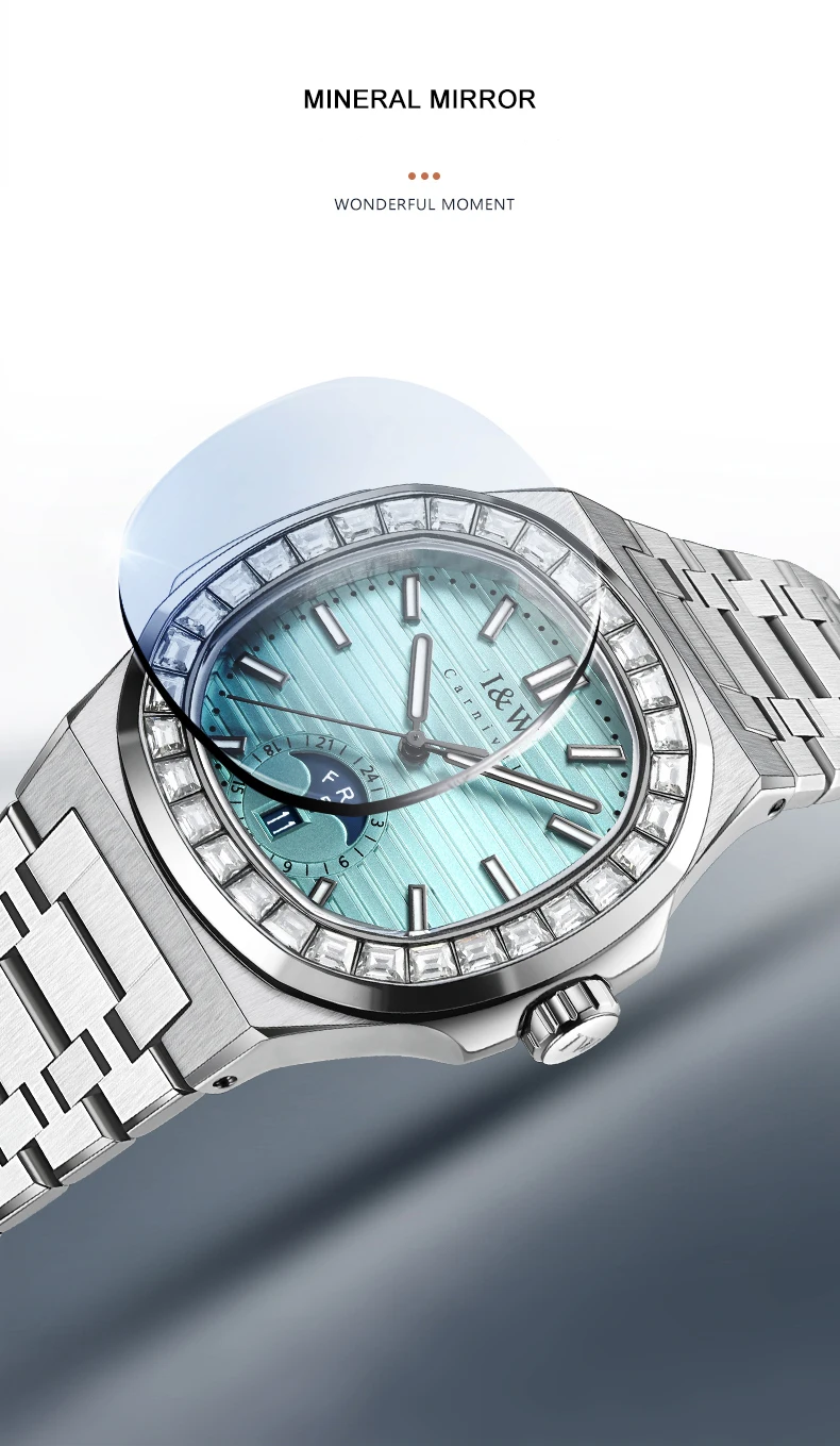 I&W Mens Luxury Watches 42mm Square Automatic Mechanical Wristwatch 50M Waterproof Luminous Steel Strap Crystal Bezel Date Week