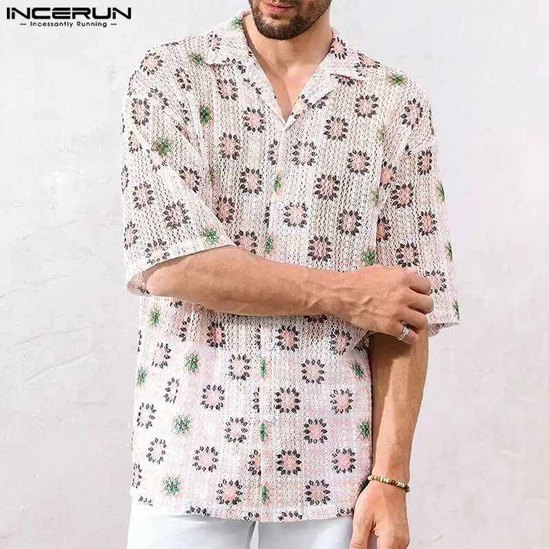 

INCERUN Men Shirt Hollow Out Transparent Printing Patchwork Lapel Short Sleeve Men Clothing Loose Summer Streetwear 2024 Camisas