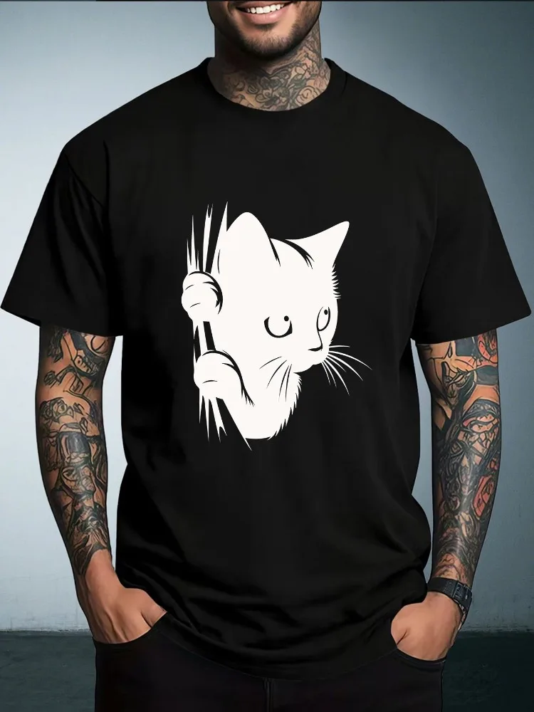 Men Summer Crew Neck T Shirt Cute Black Cat Claw Scratch Silhouette Graphic Loose Short Sleeve Casual Streetwear Daily Tops