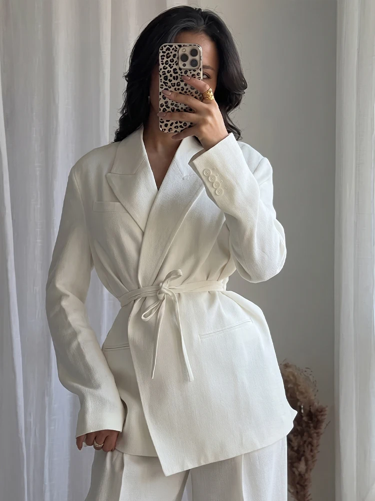 HH Fashion Women Chic Suit Jacket Long Sleeve Lapel No Placket Waist Belted Outwear 2026 New Autumn Formal Female Office Coats