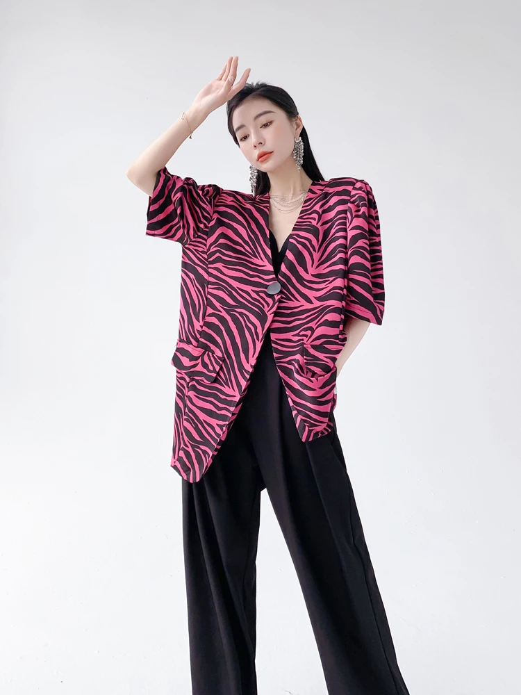 High-end Retro Fashion Zebra Leopard Pattern Loose Mid-length Casual Short-sleeved High Street Club Blazer Suit For Women Summer