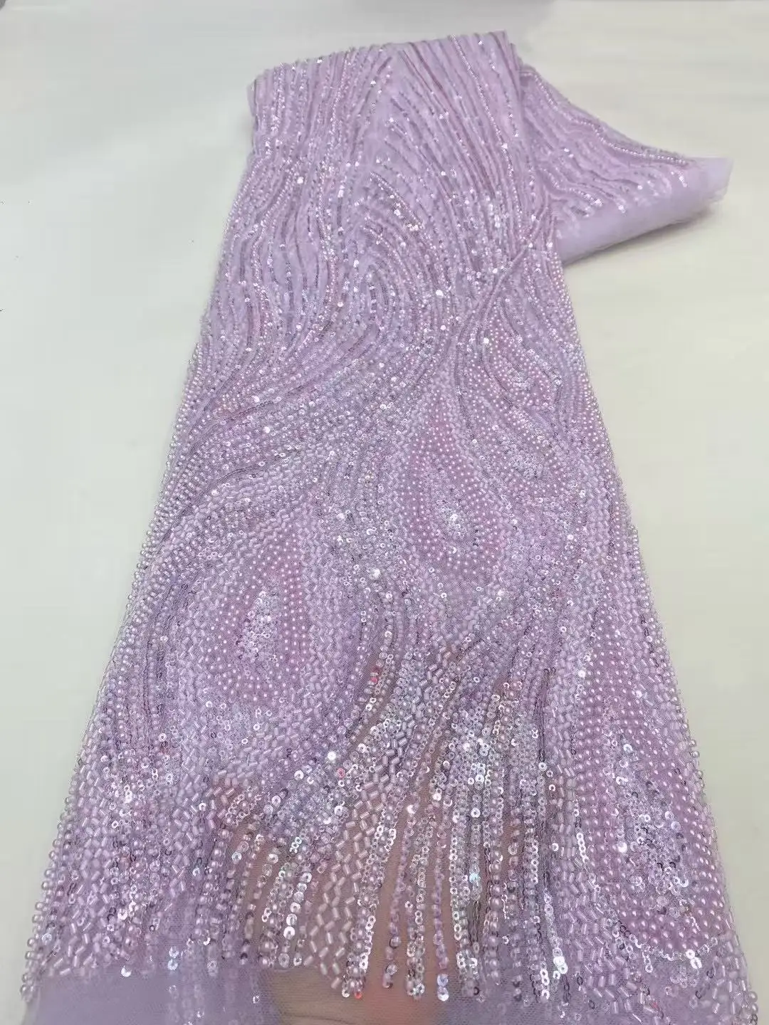 

5Yards Nigerian Flocking Velvet Sequins Lace Fabric 2025 High Quality African Heavy Beaded And Pearls For Woman Party Dresses
