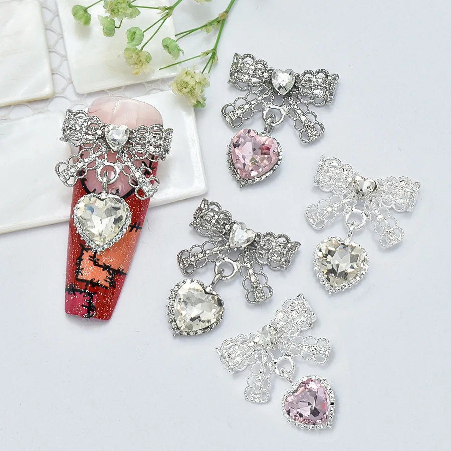 10pcs Nail Art Nail Charm Nail Accessories Luxury Exquisite Style Bow Love Tassel Pendant Pink Shining Nail Gem DIY Accessories