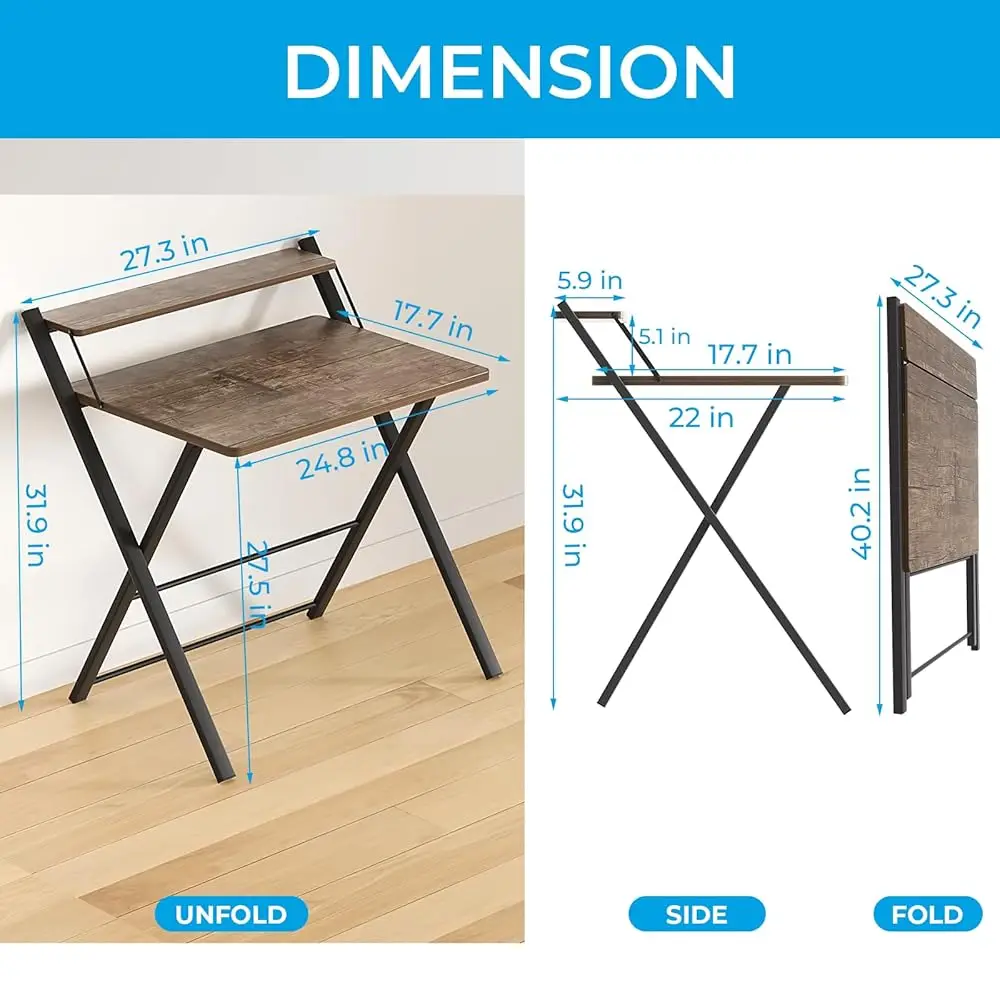 Folding Desk No Assembly Required Small Size, 2-Tier Foldable Computer Desk With Shelf For Home Office, Space Saving Portable