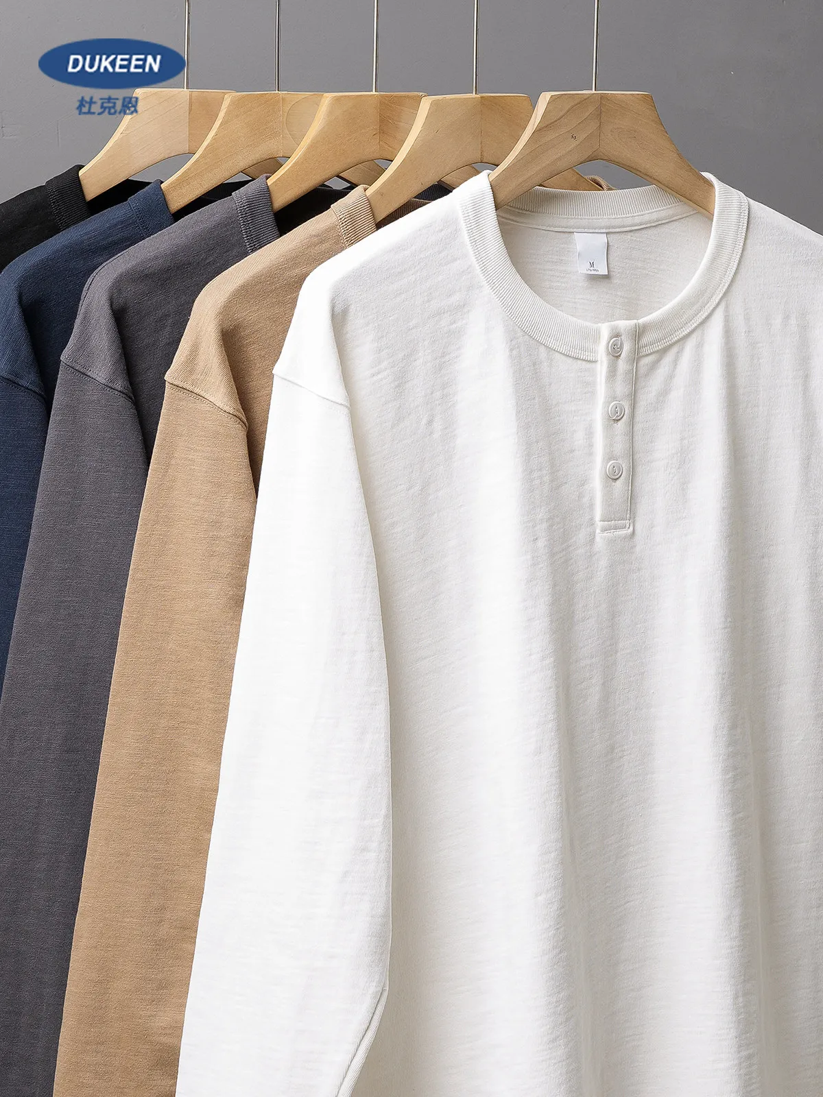 DUKEEN Men’s 320g Heavyweight Cotton Henley Long Sleeve T-Shirt American Vintage Workwear Solid Color Tee