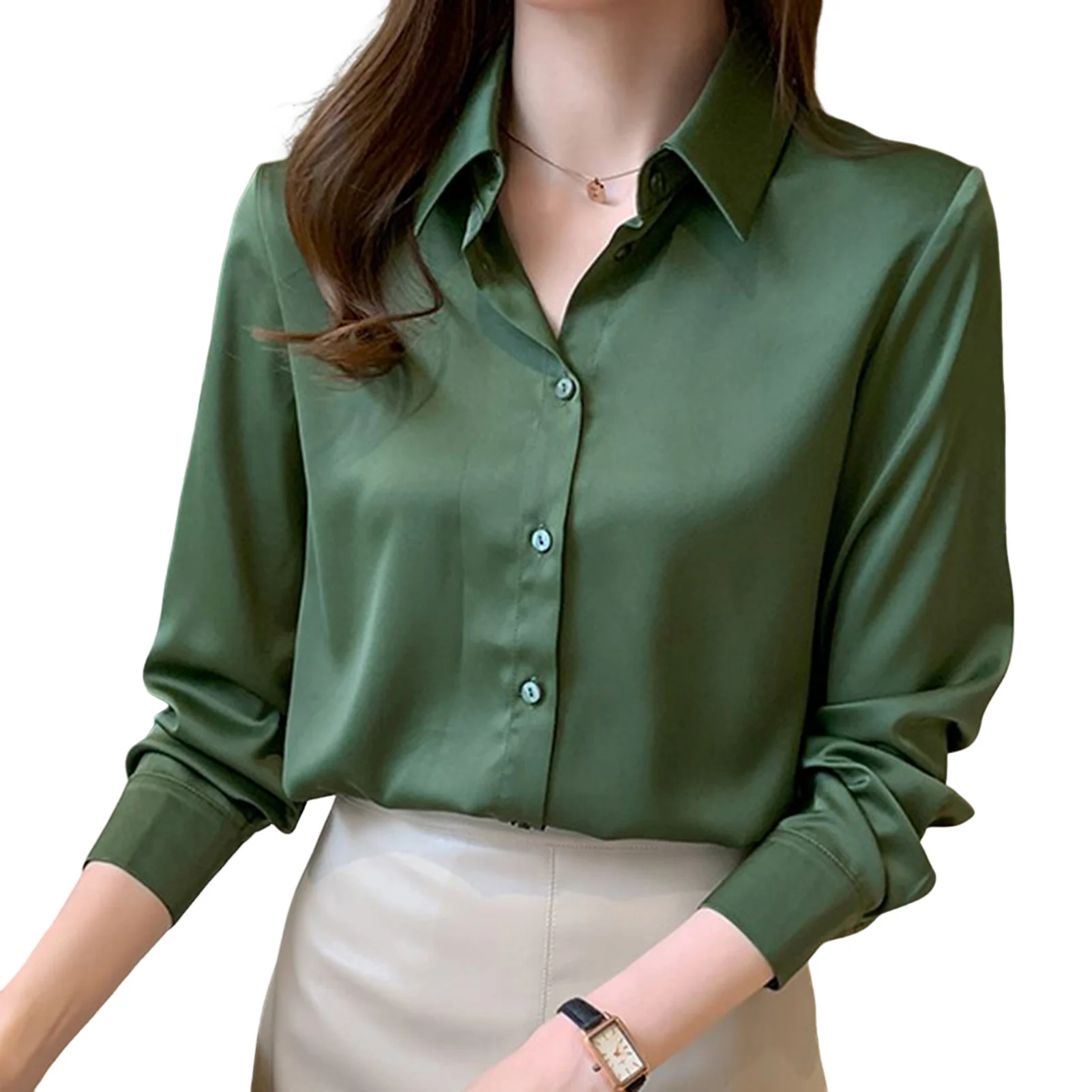 New Hot Women Formal Satin Blouse Button Down Casual V-Neck Long Sleeve Blouse Gift for Christmas Birthday New Year