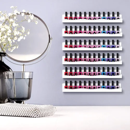 Imagen 2 del producto Estante de pared para esmalte de uñas: 4 estantes Organizador de esmalte de uñas acrílico blanco de 15 pulgadas para estante acrílico multiusos de 48-66 botellas.