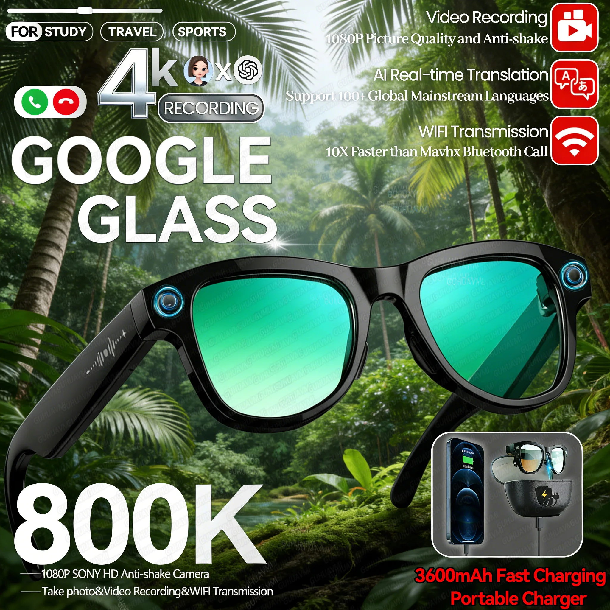 

Новые 800 Вт очки с искусственным интеллектом для камеры, мужские 3600 мАч, внешний аккумулятор, умные очки для перевода, фото-видео запись, водонепроницаемые солнцезащитные очки для вызова, женские