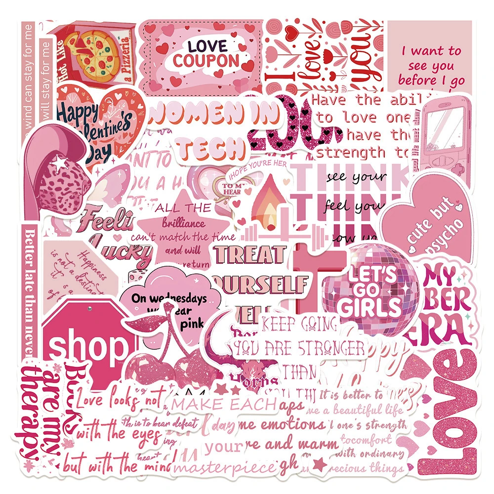 10/30/50 Stück rosa romantische Zitate Aufkleber englische Phrase Cartoon Aufkleber Spielzeug Graffiti Notebook Telefon wasserdichte Aufkleberpackungen