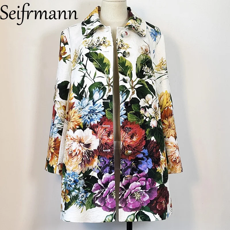 

Seifrmann 2025 Autumn New Arrivals Retro floral cotton long sleeved jacquard jacket with a single breasted A-line loose windbrea