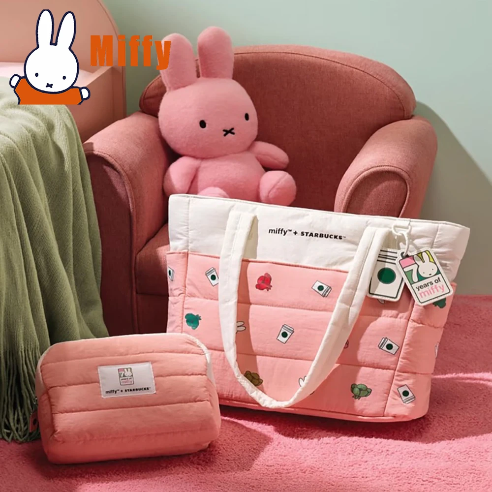 Bolso de mano rosa con tema Kawaii Miffy Starbucks, bolso de hombro de gran capacidad con bonito conejo, bolso escolar de Metal con cabeza de Miffy, regalo para niña