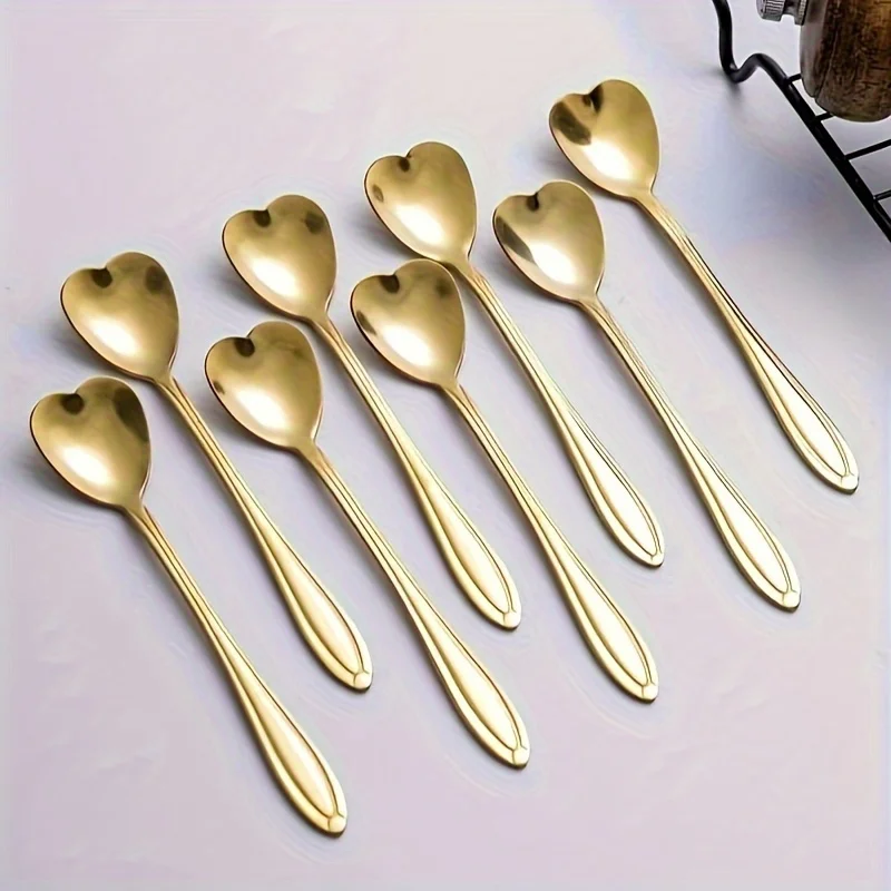 8pcs Stainless Steel Spoon, Creative & Frenchy Golden Heart Design Coffee Teaspoon, Dessert Spoon, Stirring Spoon
