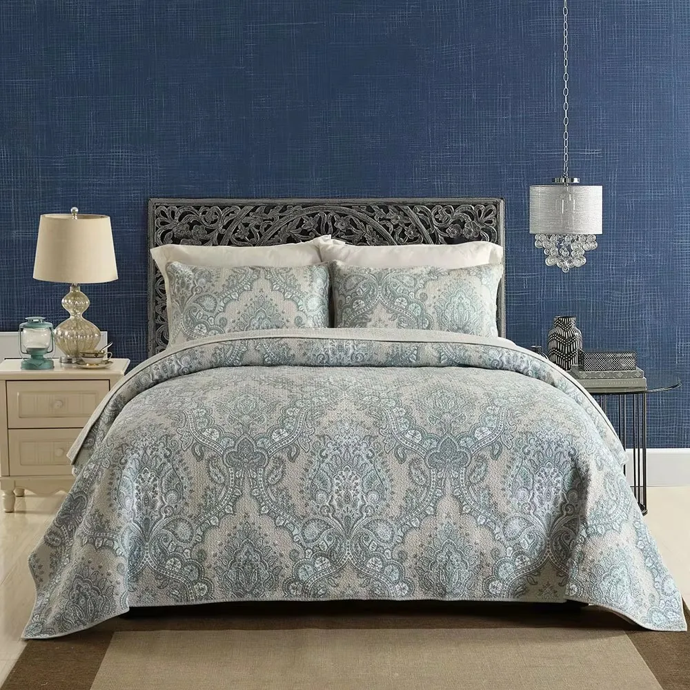 

Printed Cotton Quilt Set 3PCS Bedspread on Bed Paisley Pattern Coverlet King Queen Summer Quilted Bed Cover Comforter
