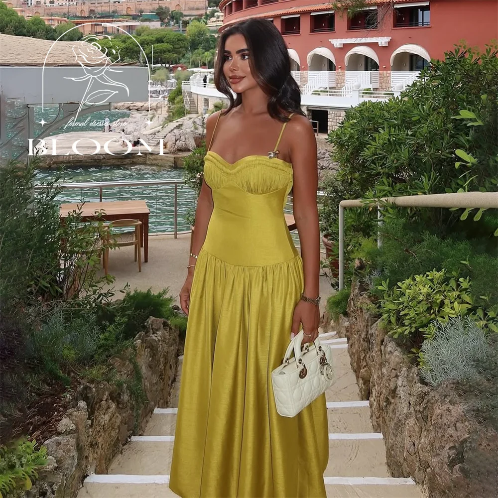 

Bloom Customized Ruffles Straight Formal Gown Spaghetti Strap Sweetheart Floor Length Sleeveless Party Dress Simple Elegant New