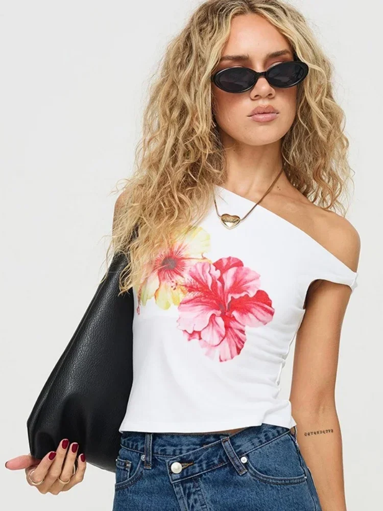 One Piece New Floral Print Graphic T Shirts Summer Fashion Slim Slash Sleeveless Women Clothes Casual Sexy Strapless Y2k Top image 6