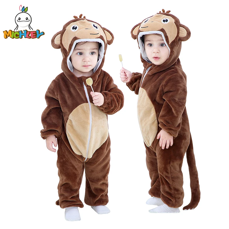 MICHLEY Halloween Monkey Cartoon Winter Baby Romper Infant Costume Clothes For Newborn Boys Flannel Cute Bodysuit Pajamas Bebe