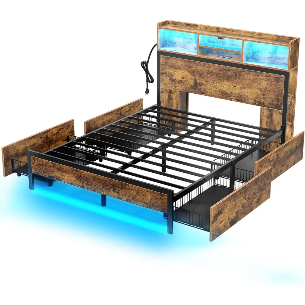 Queen size bed frame with storage headboard, metal platform charging station, LED 4 drawers, no need for box springs, no noise