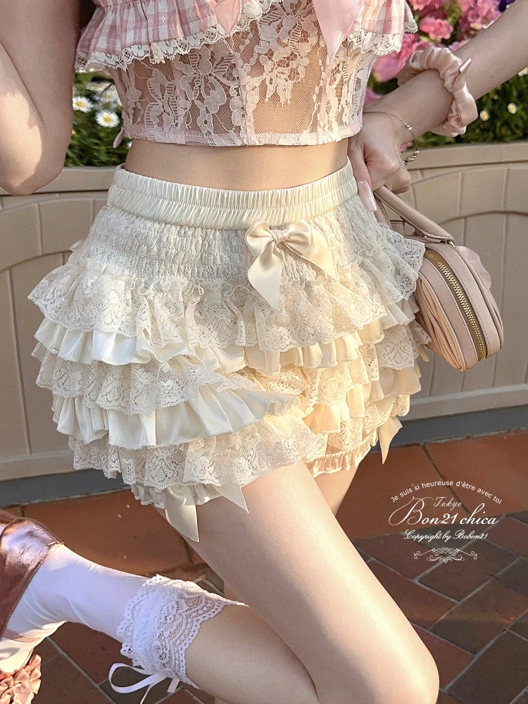 French Style Women's Clothing Doll Feeling Acetate Lace Cake Culottes Japanese Rojita Pink High Waisted Slimming Kawaii Shorts