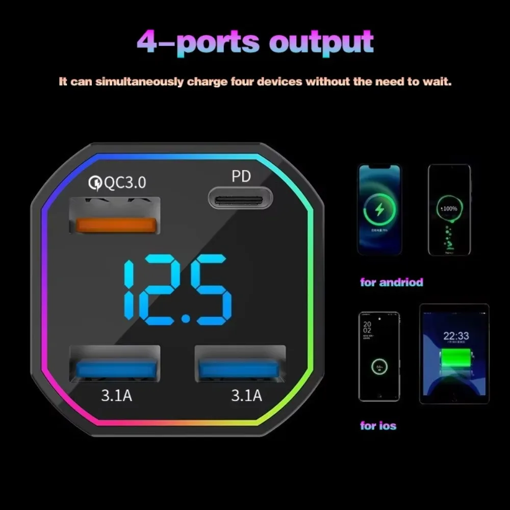 66W 4Port USB Digital Real-time Voltage car charger QC3.0 PD car Super Fast charger for Phones Car cigarette lighter adapter