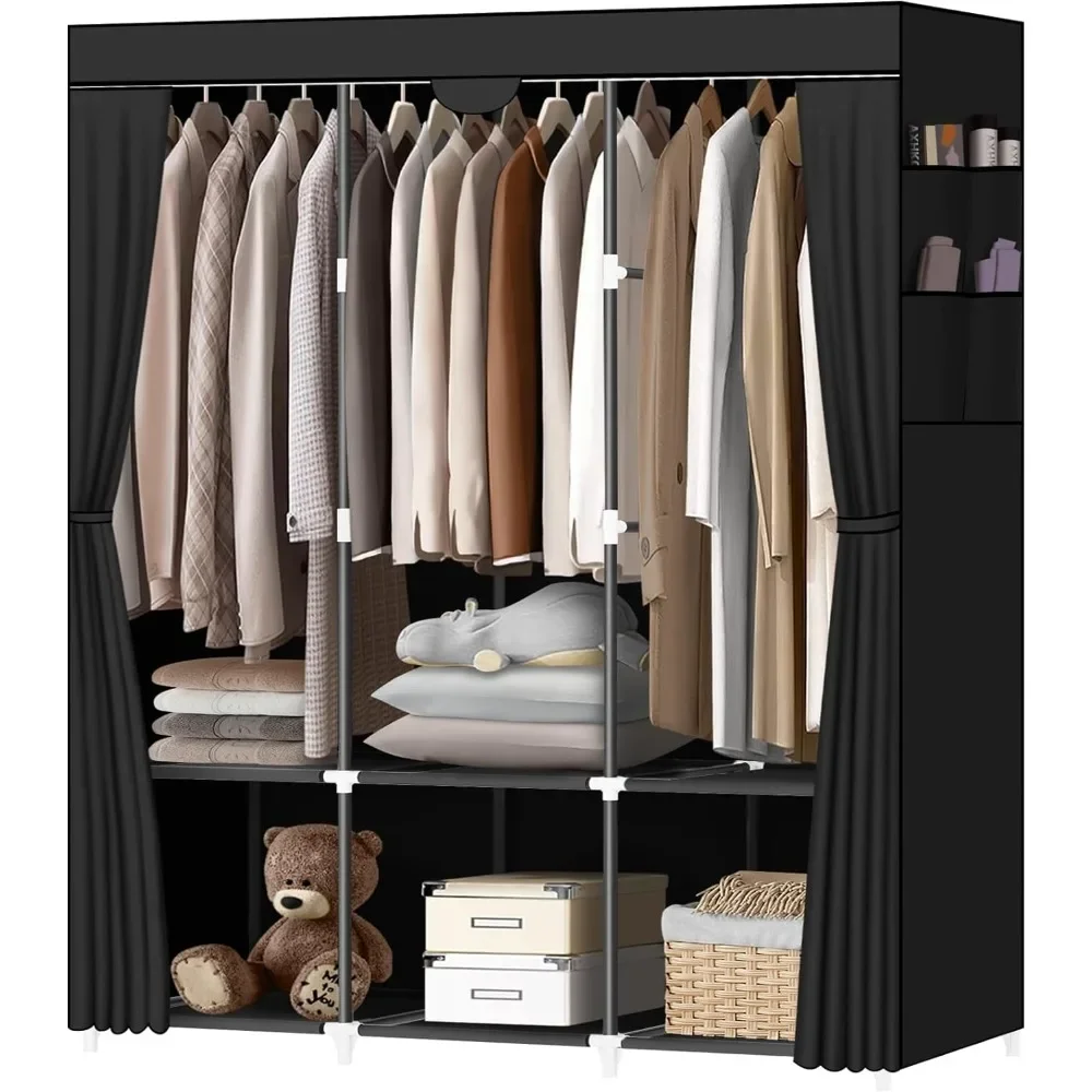 

Portable Closet, Portable Closets for Hanging Clothes with 3 Hanging Rods and 6 Storage Shelves and 4 Side Pockets,Black