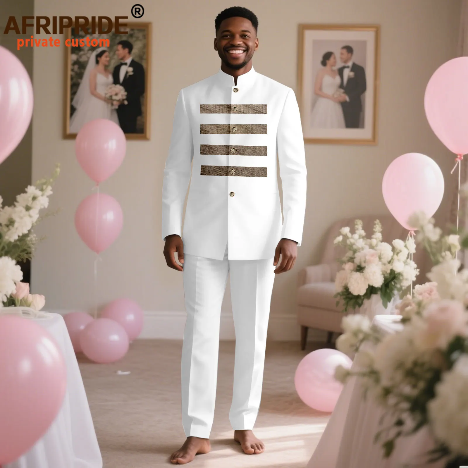 

Bazin Riche African Clothes for Men Full Sleeve Striped Blazer and Ankara Pants 2 Piece Set Dashiki Outfits for Wedding 2516063