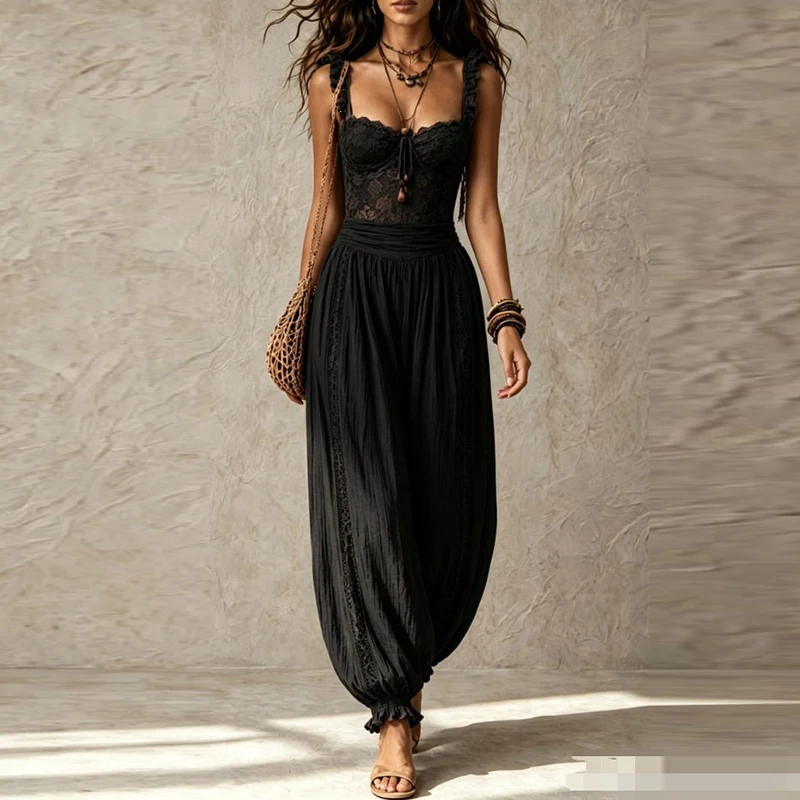 Women Elegant Ruffle Waist Solid Playsuit Overalls Casual Sleeveless Long Romper Sexy V-neck Lace Trim Spaghetti Strap Jumpsuits view 5