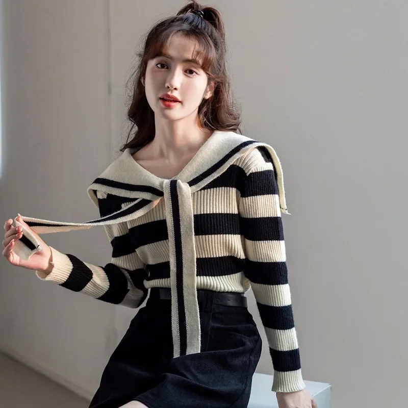 Autumn Knitted Long Sleeves Tops Women's Stripe Sweater Lace-ups Sweet Casual