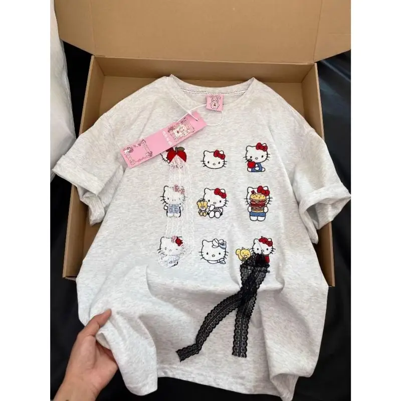 

Sanrio Hello Kitty, женская летняя футболка и милая женская повседневная хлопковая футболка с принтом аниме, женская футболка, новинка 2023 года