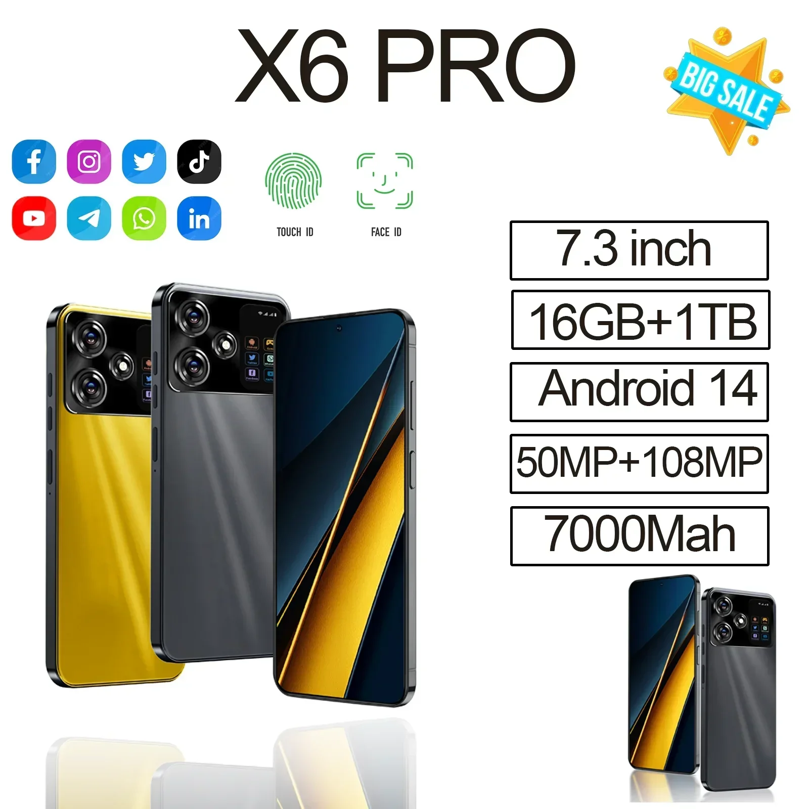 X6 Pro 5G versi Global 7.3HD ponsel 16G + 1T 7000Mah Android13 Sim ganda pembuka kunci wajah ponsel 108MP