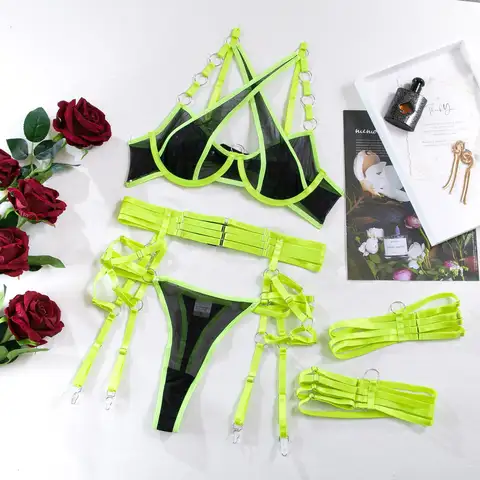세 조각 뜨거운 판매 스틸 링과 스플 라이스 속옷 브래지어 섹시한 대비 색상 Intimates 세트 여성 메쉬 이국적인 의류 정장